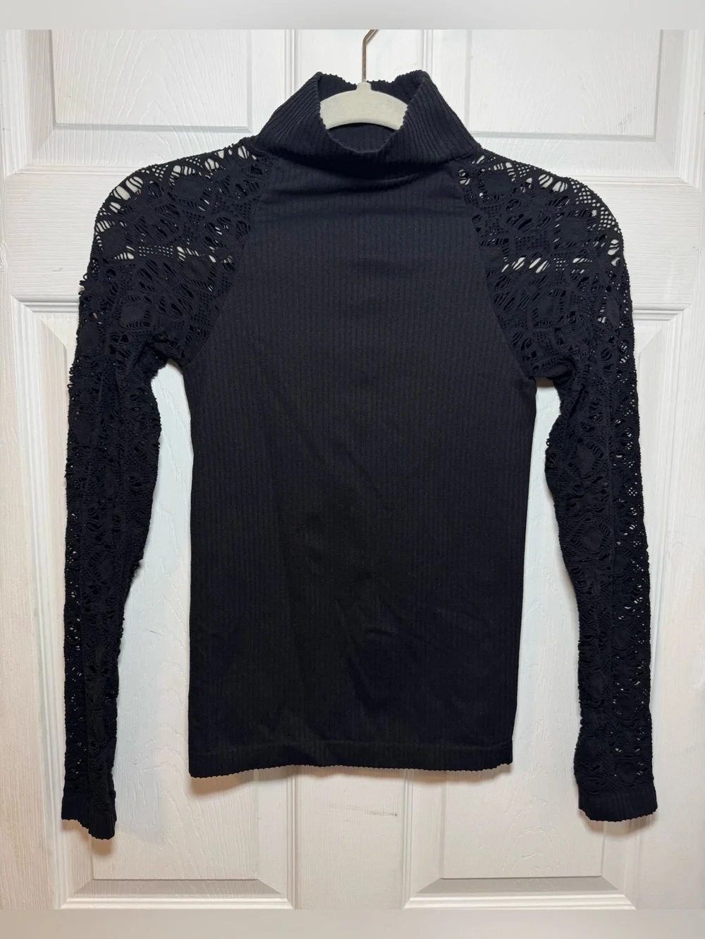 Intimately Free People Black Ribbed Fitted turtleneck Top Long Lace Sleeves